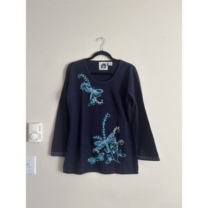 Storybook Knits Small Sweater‎ Tunic Sweater Dragonfly Embroidered Blue Y2K